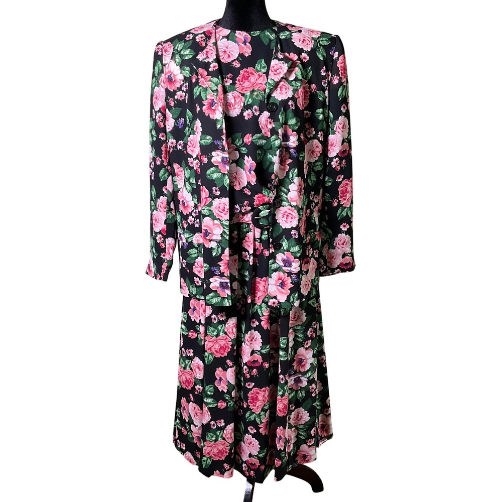 VTG 80s JH Collectibles 4 Pc Floral Skirt Belt Sz 14 Suit  Blazer Top Sz 12 USA